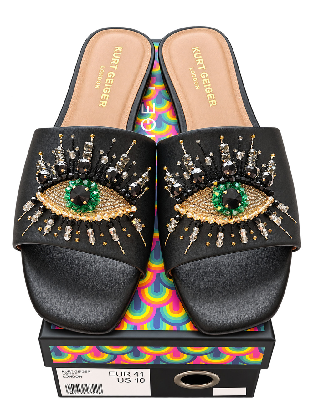 NIB Kurt Geiger London Evil Eye Flat Sandal Black Leather Crystal Jeweled Sz 10